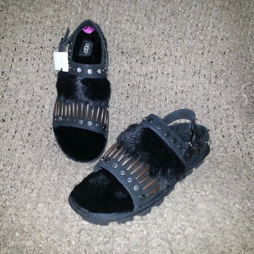 UGG-Black Studded Sheepskin/Leather/Fur-BIKER CHIC-Slingback Sandals-Sz 8.5-NEW